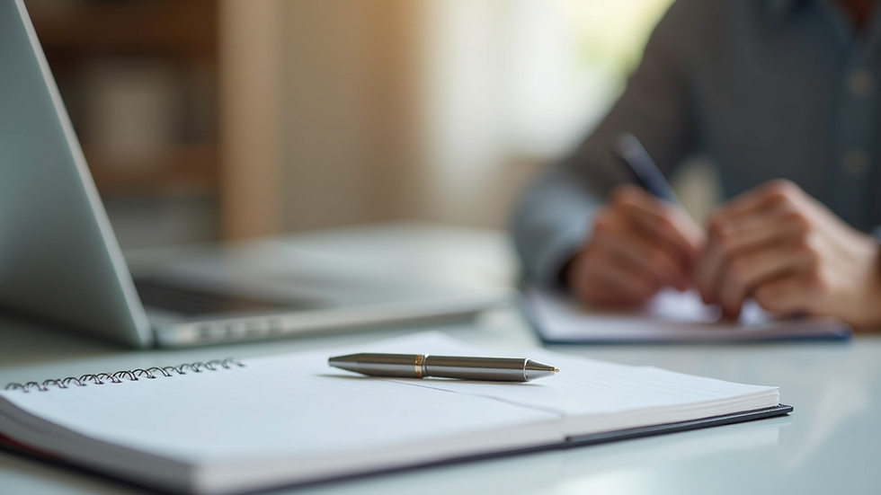 Close-up view of a notebook and pen on a therapist’s desk ready for a session