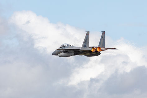 F-15C Eagle airplane rear side angle view, captured in the air