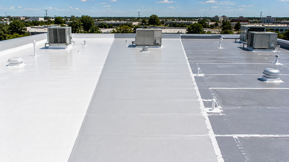 Freshly coated rooftop with HVAC units and vents under a blue sky, showing white, gray, and dark gray roof sections