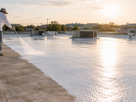 Worker sprays water on a flat rooftop at sunset, with HVAC units and city buildings in the background.