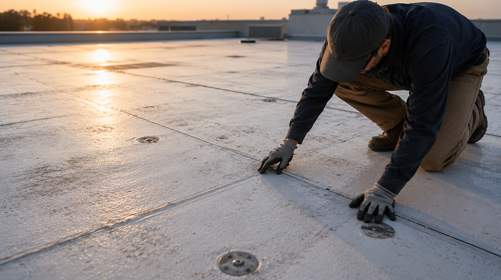 Worker kneels on a flat rooftop at sunset, inspecting seams with gloved hands on a wet, reflective surface.