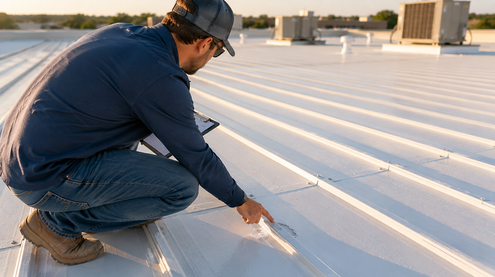Man in cap and blue shirt crouches on a rooftop, inspecting a seam with a clipboard; HVAC units blur in the sunny background.