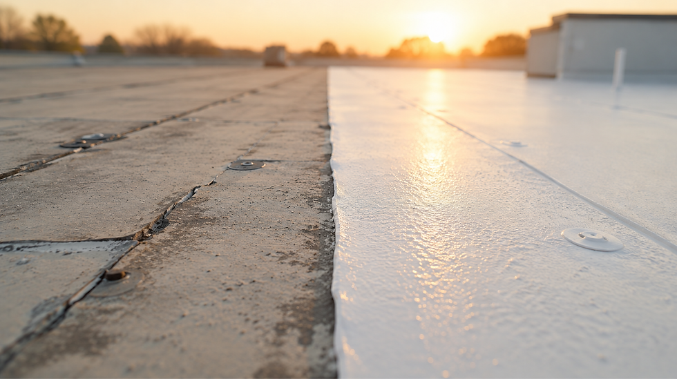Close-up of a rooftop seam with white coating and worn concrete, glowing in sunset light; quiet, empty scene.