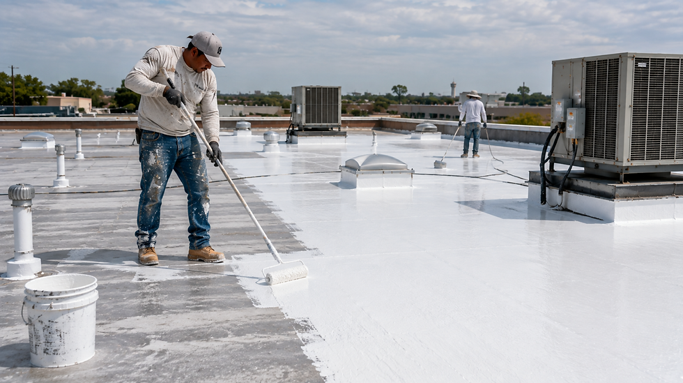 Two workers paint a flat rooftop white with rollers beside HVAC units under a cloudy sky.