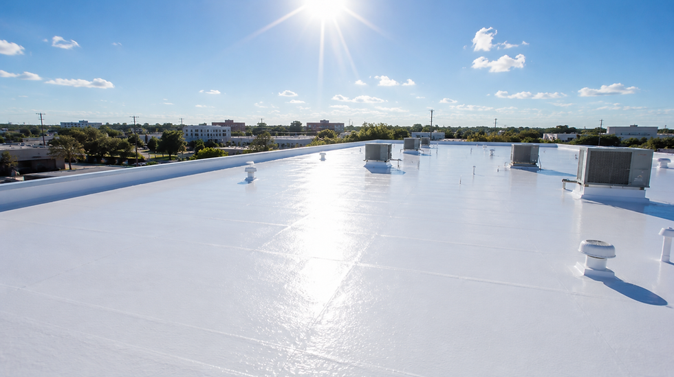 Sunlit white rooftop with HVAC units under a bright blue sky and scattered clouds above a quiet cityscape.