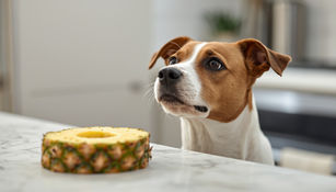     A cute dog sniffing a slice of fresh pineapple with curiosity