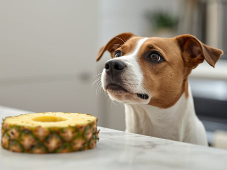     A cute dog sniffing a slice of fresh pineapple with curiosity