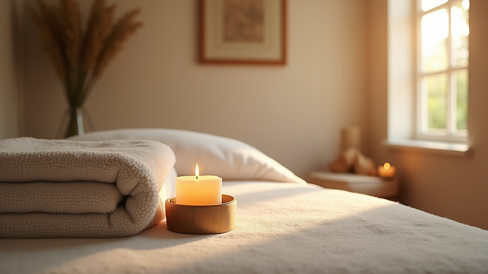 Eye-level view of a calm therapy room with soft lighting and a Reiki setup