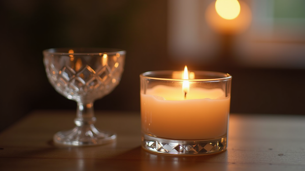 Close-up view of a softly lit candle beside a crystal on a wooden table
