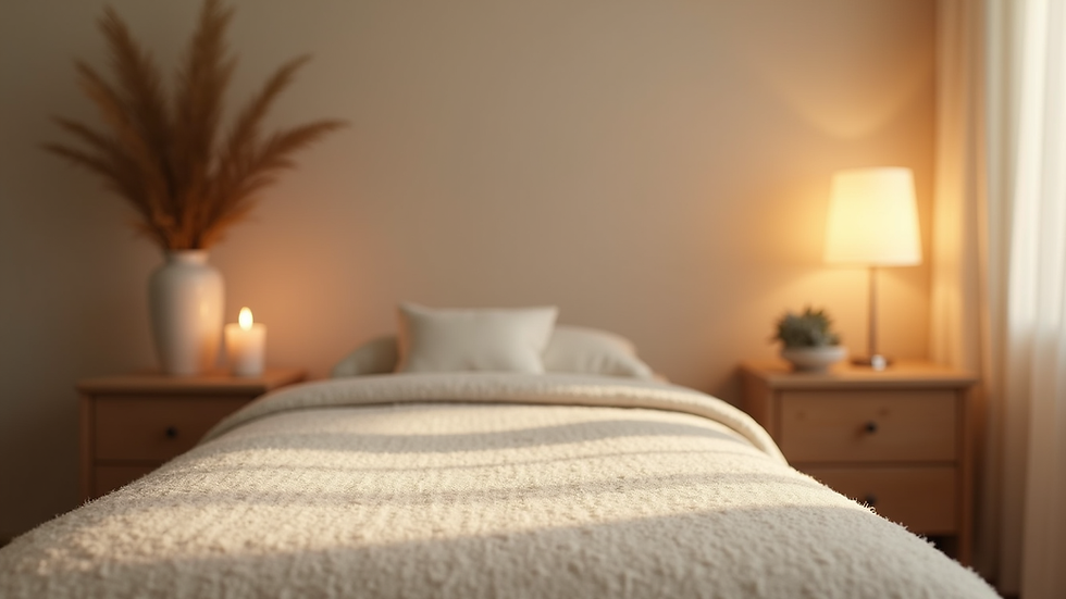 Eye-level view of a calm therapy room with soft lighting and a Reiki setup