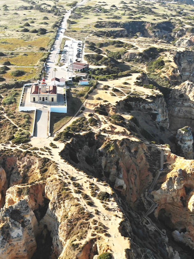 Aerial view of a coastal area with a lighthouse near cliff edges, winding paths, sparse greenery, and parked cars. Rugged landscape and bright sunlight.