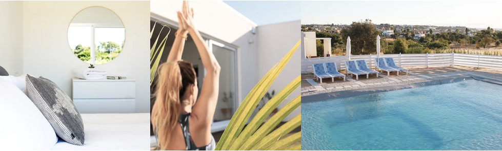 A girl doing yoga, a white bedroom and sunset by the pool