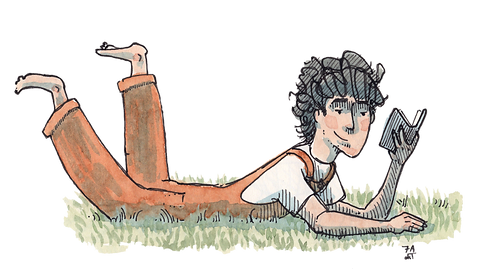 An ink and watercolor drawing of a man with long black hair wearing brown overalls and a white t-shirt and reading on a patch of grass.