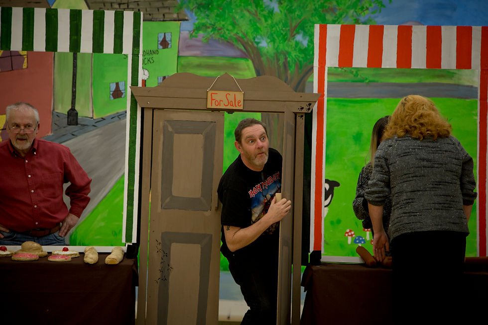 Windy Millar as the White Rabbit putting in an appearance during rehearsals