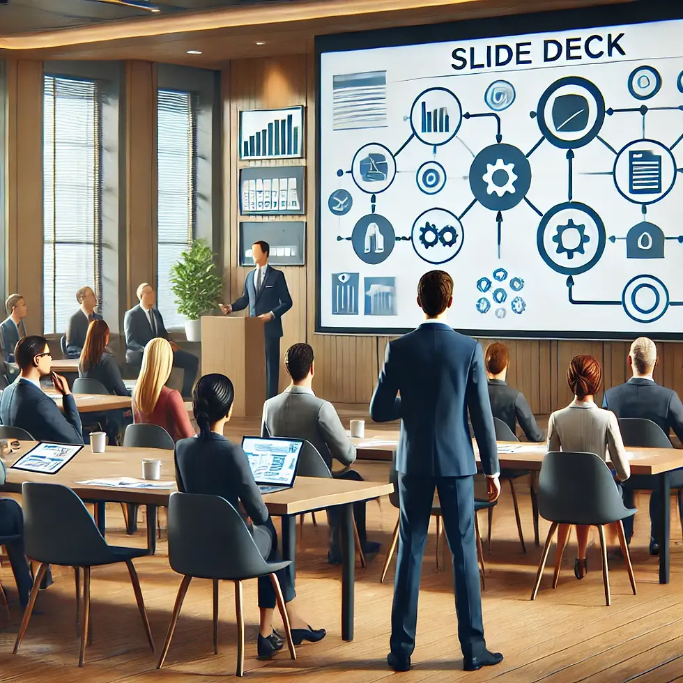 A dozen people sit in two rows of tables watching a man present an infographic up on the screen with infographic posters on the wall behind him as well.
