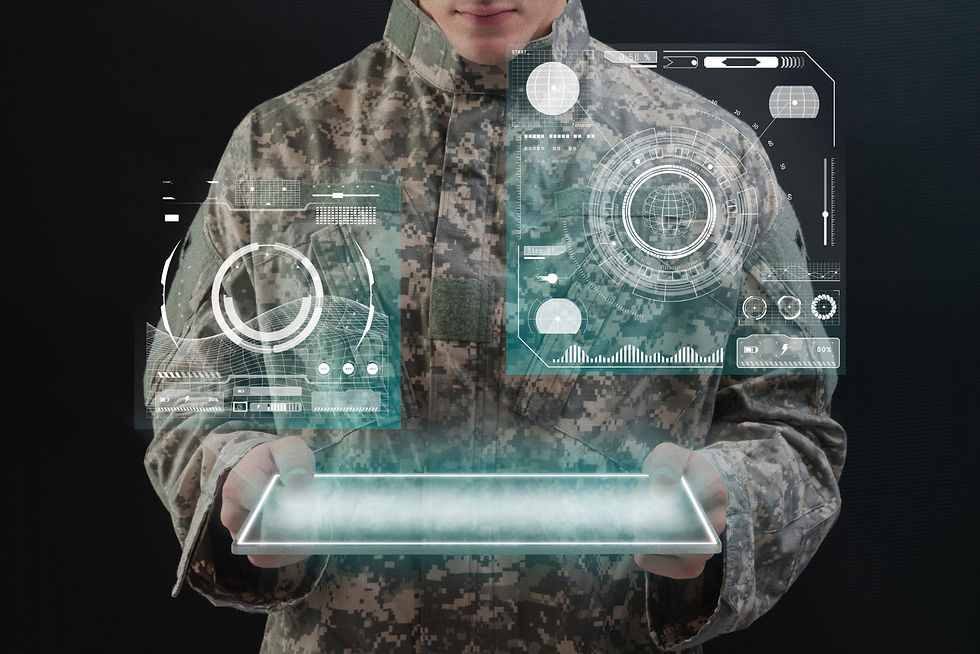 soldier holding a tablet with infographic elements and charts coming out of the screen