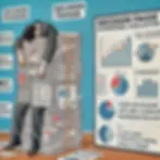 Man in suit slumped over stack of papers labeled "Decision Fatigue." Background shows charts and text on blue wall. Mood: overwhelmed.