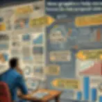 A person in a blue suit studies charts and graphics in an office, with text like "Highlighted Callouts" and "Bold Icons" on the walls.