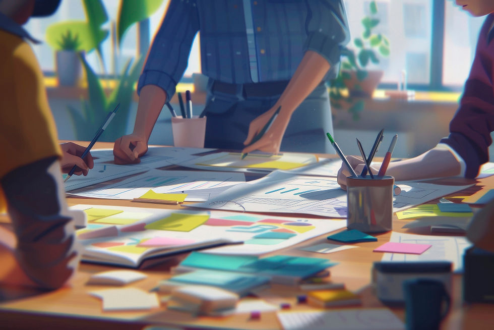 Animated image of a group standing around a project table with color palettes, charts, and documents strewn on top.