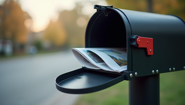 Eye-level view of a modern mailbox with a newsletter inside