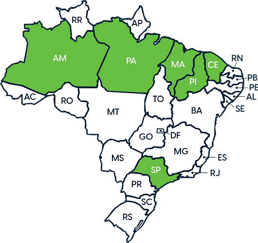 Mapa do Brasil com os seguintes estados destacados em verde: Amazonas, Pará, Maranhão, Piauí, Ceará e São Paulo