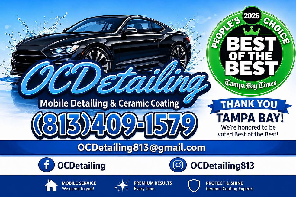 OCDetailing business card with Tampa Bay Times Best of the Best badge.