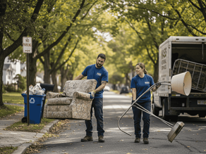 Junk removal workers loading items curbside Massachusetts