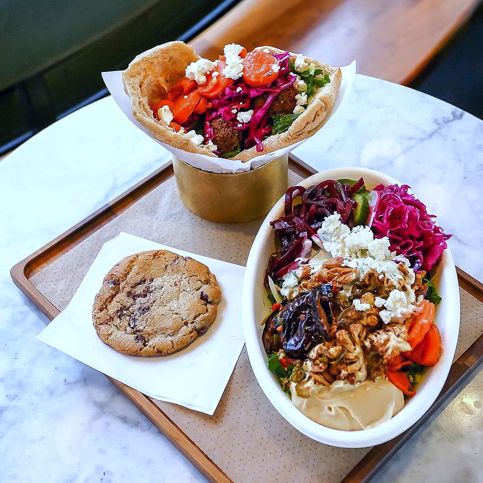 Pita sandwich, salad, and tahini cookie from Brassica restaurant.