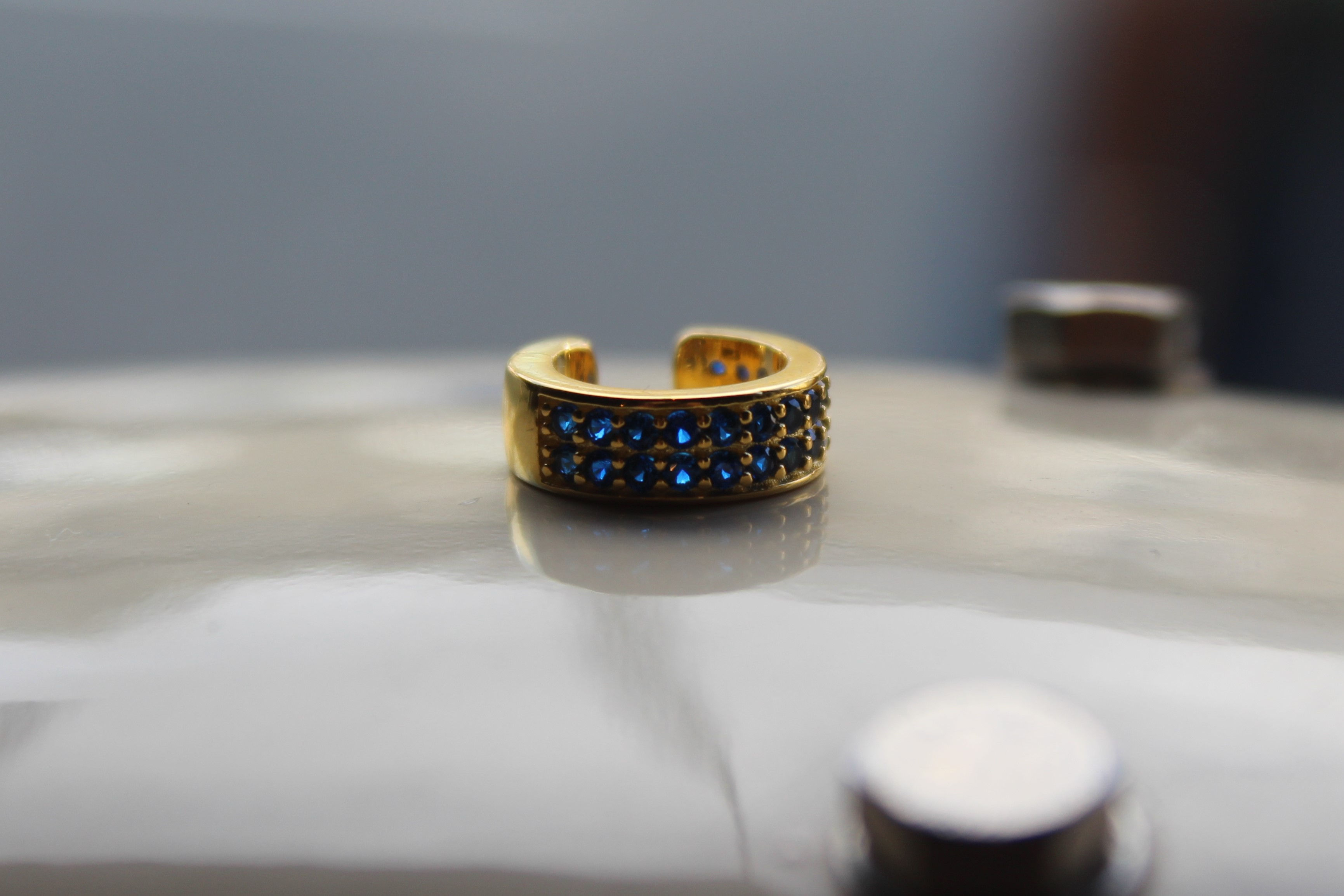 Yellow Gold Double Row Ear Cuff with Blue Cubic Zirconia Stones