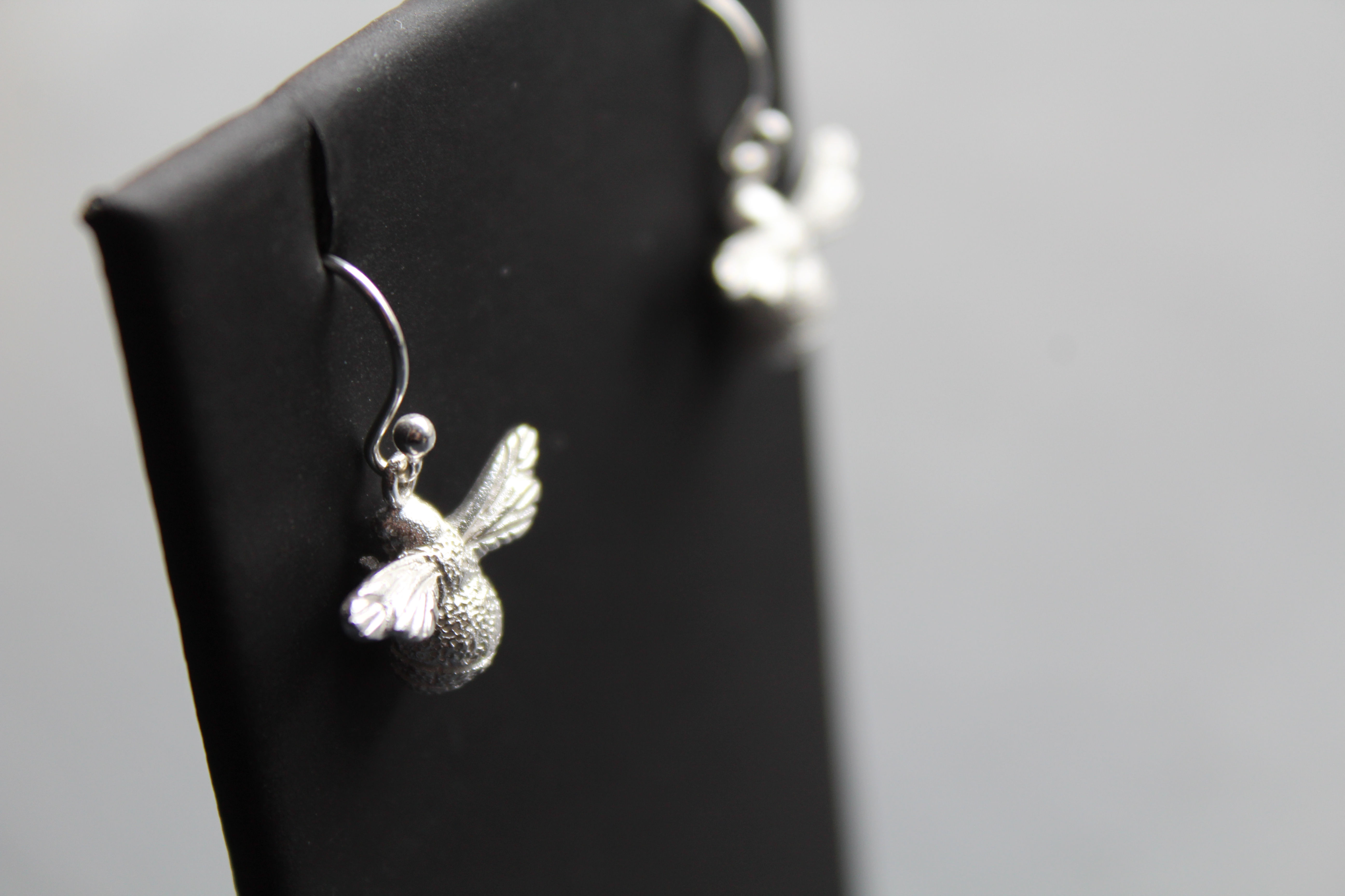 Sterling Silver Large Textured Bumble Bee Drop Earrings