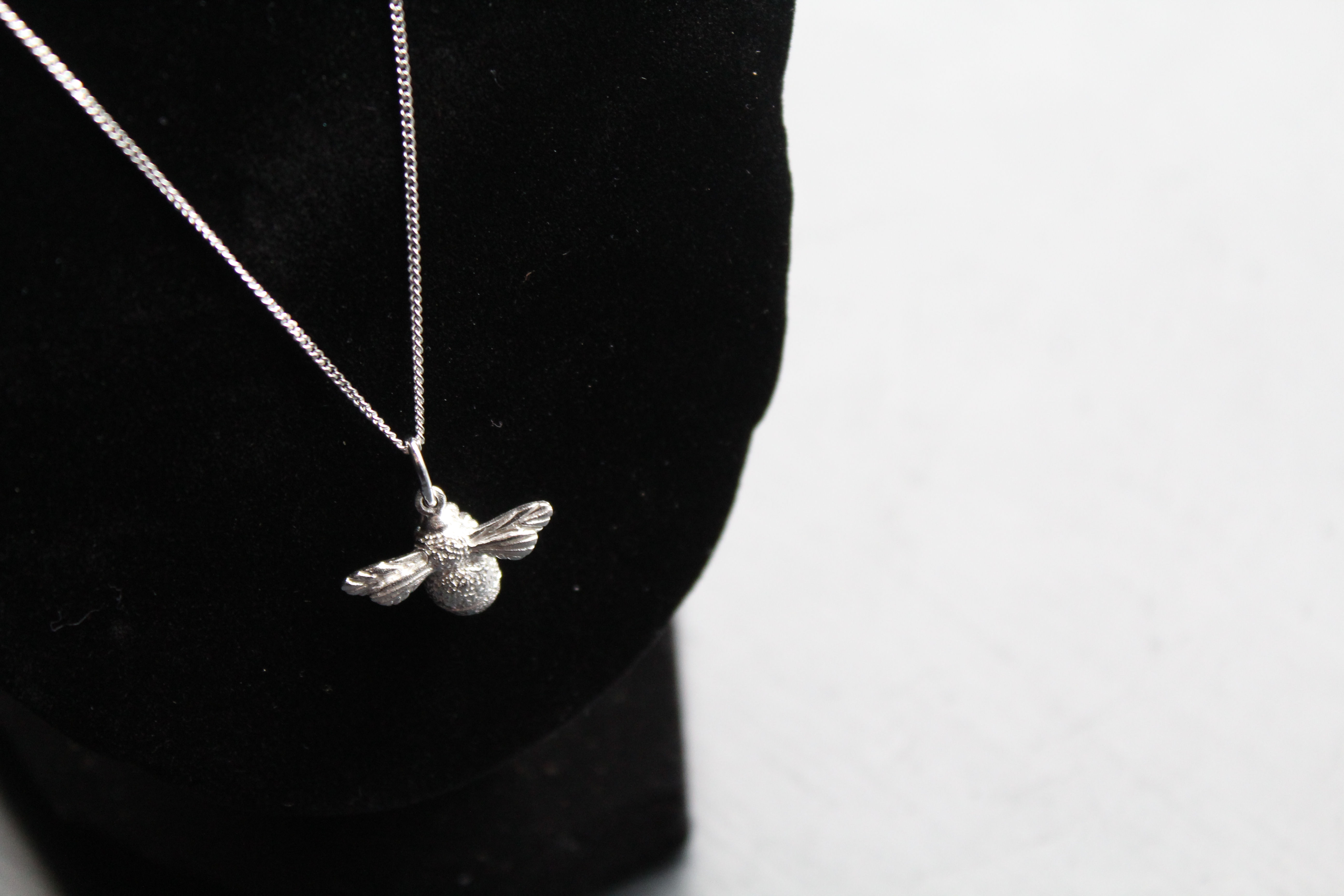 Sterling Silver Large Textured Bumble Bee Pendant & Chain