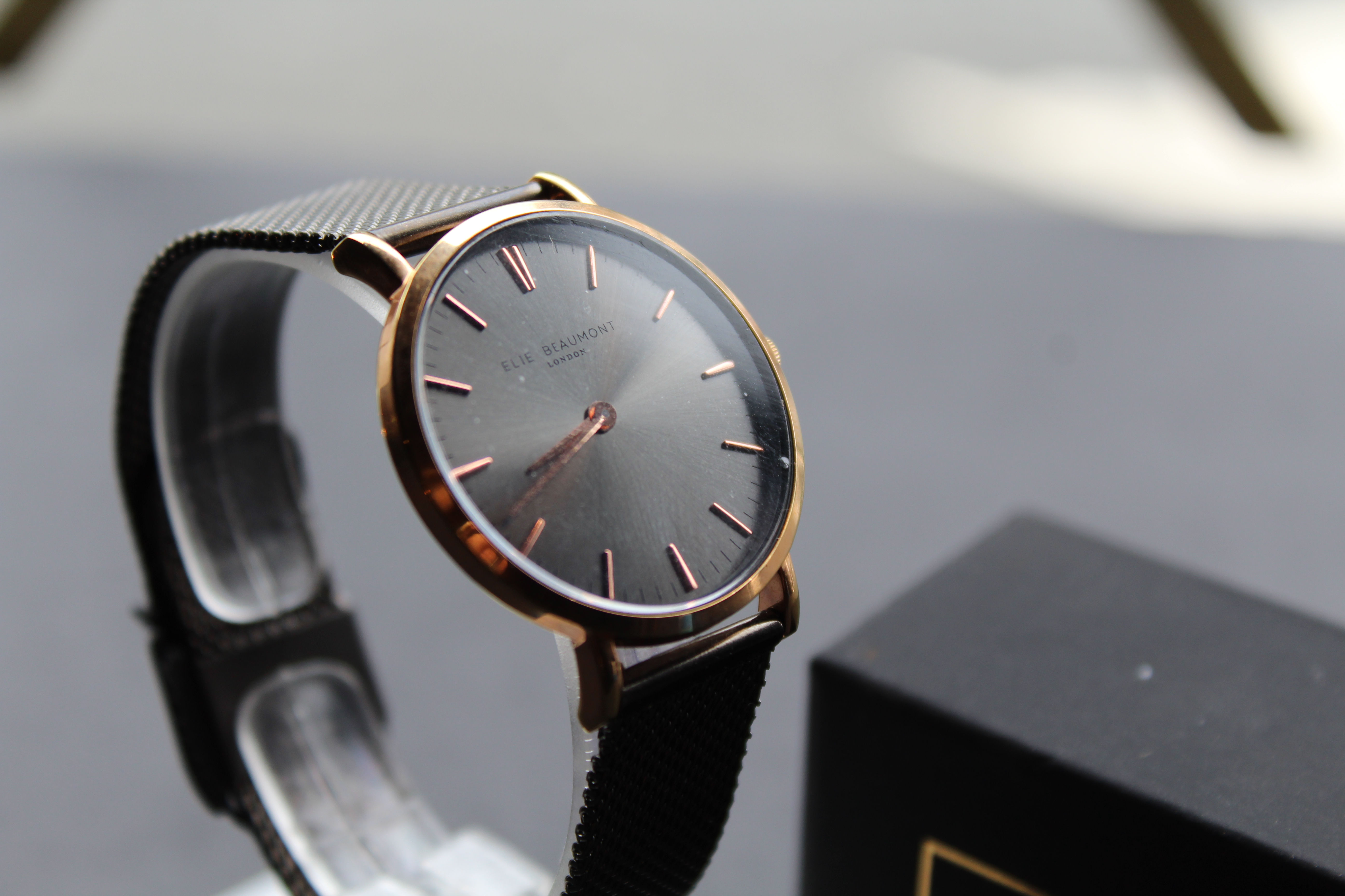 Elie Beaumont Oxford Small Mesh Watch Gun Metal Strap, Grey Face