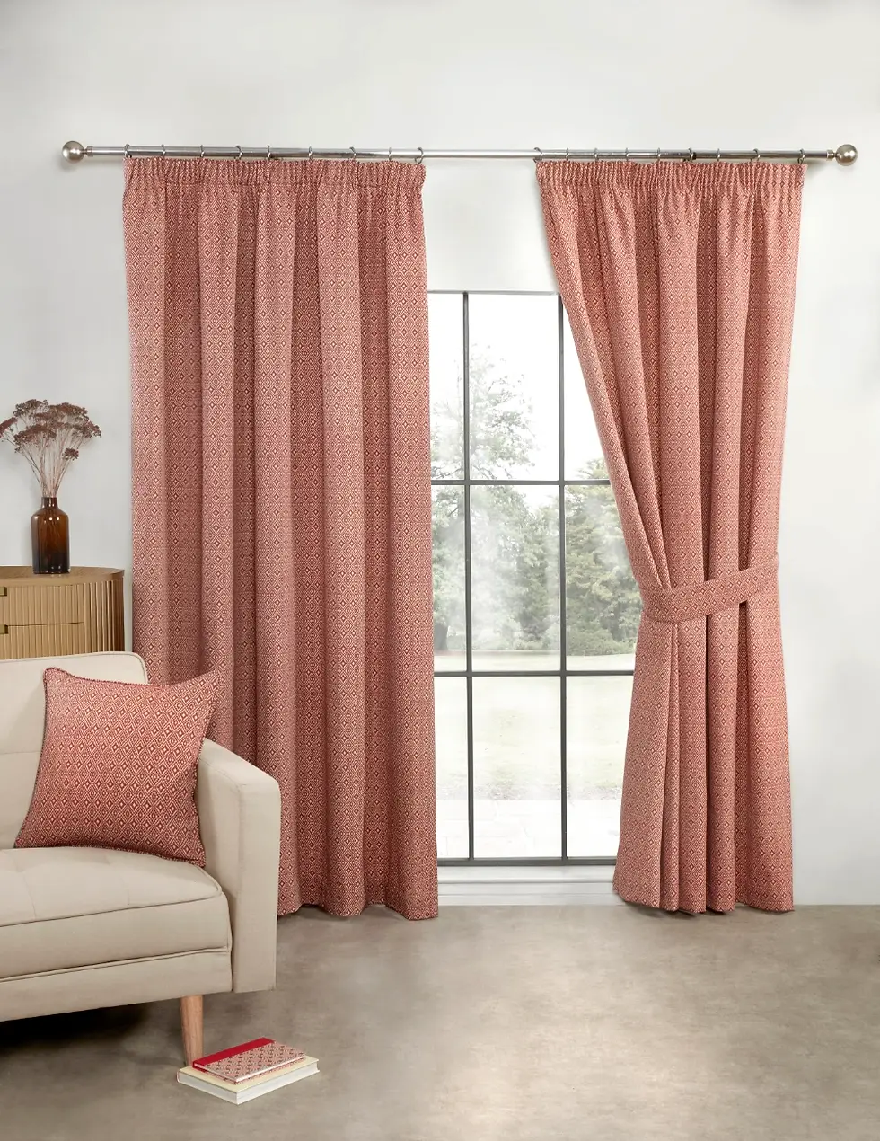 Thumbnail: Aztec pencil pleat/eyelet curtains in salsa colour