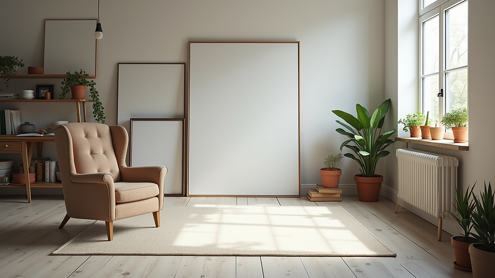 Eye-level view of a bright art studio with canvases and paint supplies