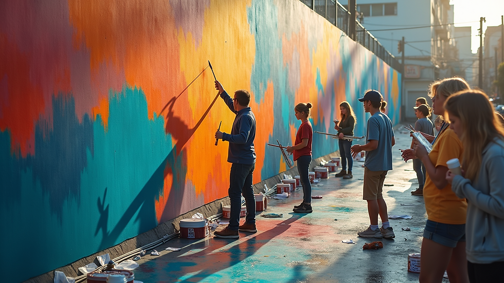 High angle view of a group painting a large collaborative mural