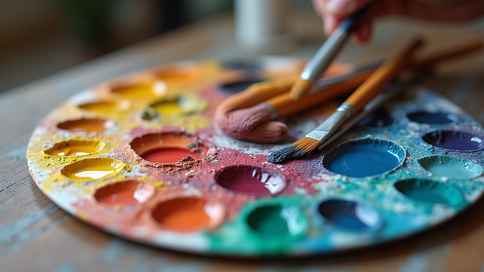 Close-up view of a colorful palette with paintbrushes ready for use
