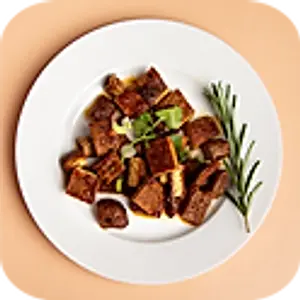 A7. BBQ - Räuchetofu mit Champignons, Lauchzwiebeln, Koriander, und Sesam/Grilled tofu with mushrooms, spring onions and sesame /烧烤豆腐干