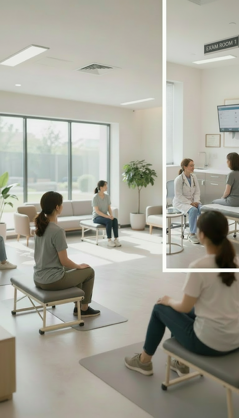 Group wellness workshop in a modern clinic setting with patients participating in health education session