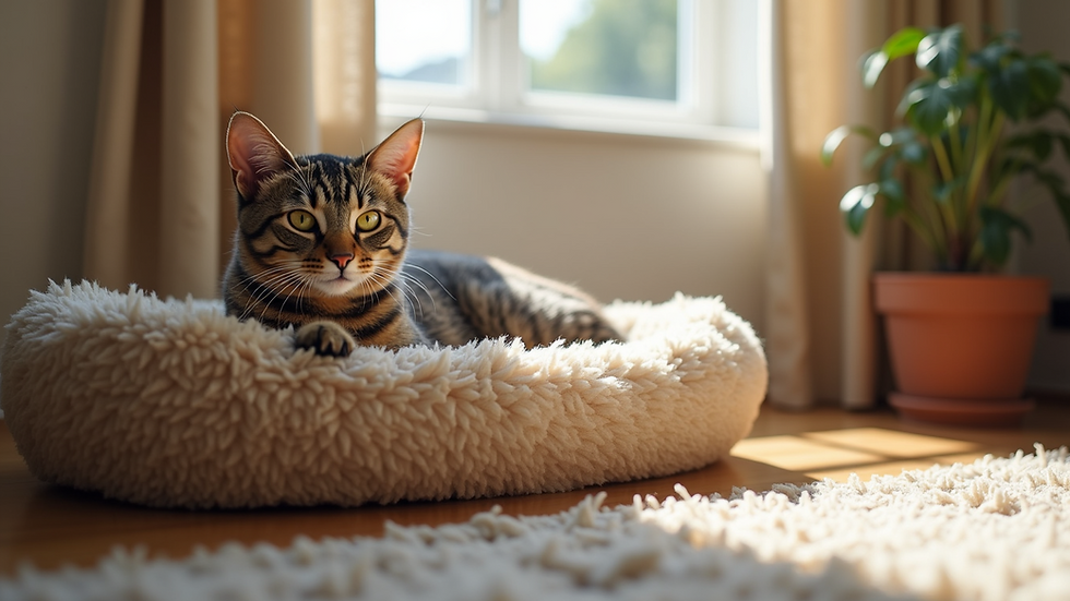 Eye-level view of a stylish cat bed with a cozy design