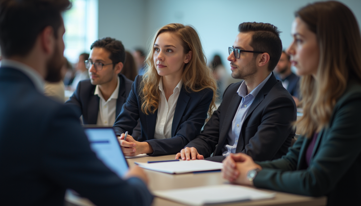 Eye-level view of a student attending a science conference, sitting among peers with notebooks and laptops
