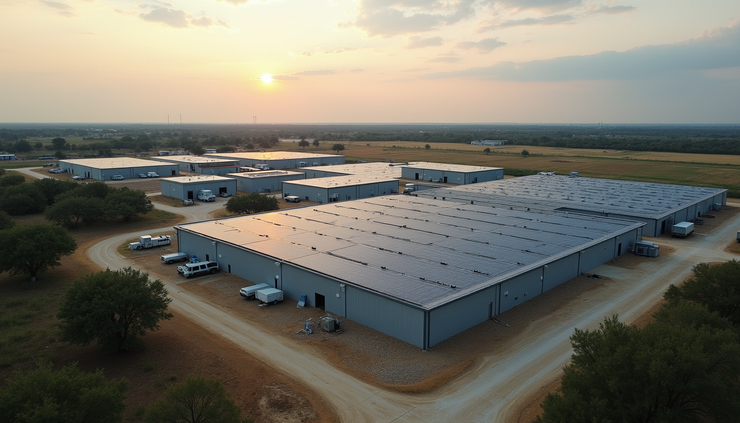 Eye-level view of a large solar panel array with battery storage units next to a data center campus