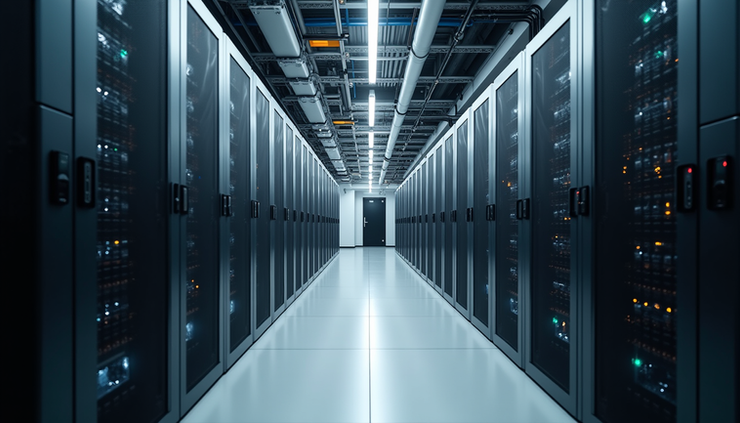Eye-level view of a large data center facility with cooling units and power infrastructure