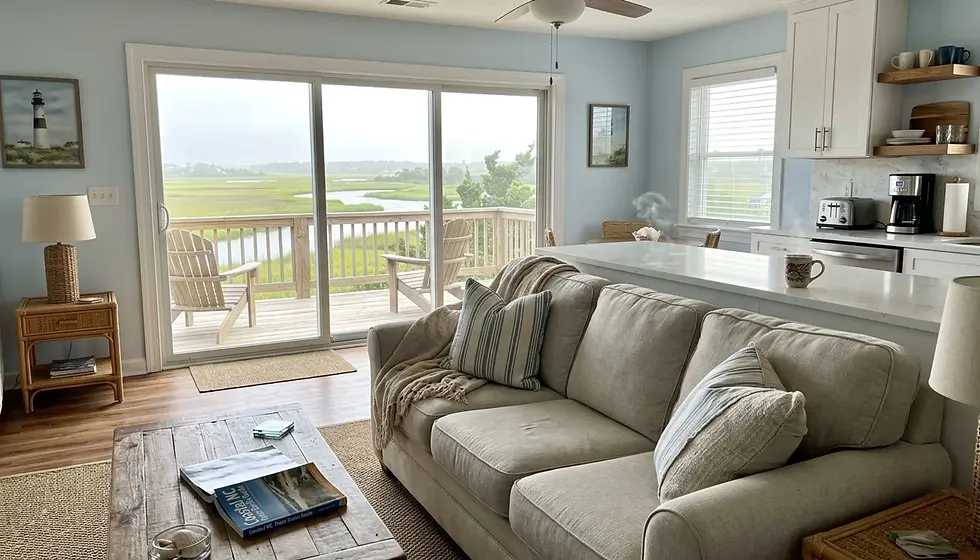Candid morning photo inside a Topsail Island vacation rental living room reflecting the island's average daily rate market