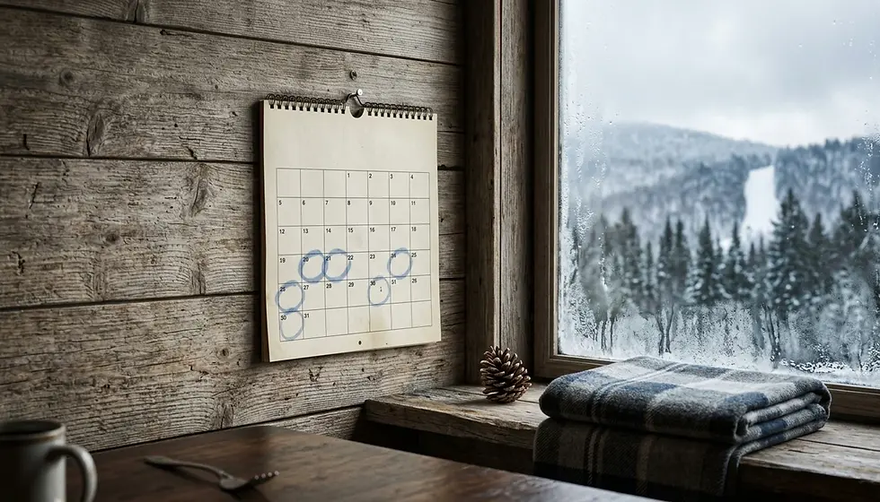 Circled booking dates on a cabin wall calendar overlooking snowy Blue Ridge mountain rentals terrain