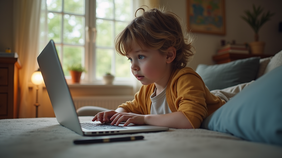 eye-level view of a child studying at home with a laptop