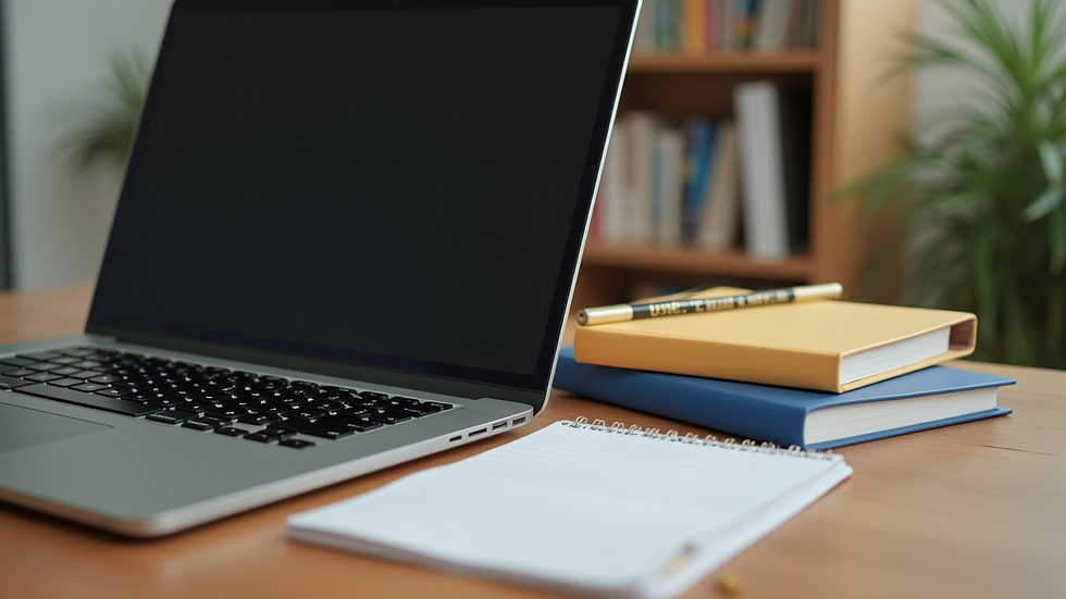 close-up of a study desk with books and a laptop for online learning