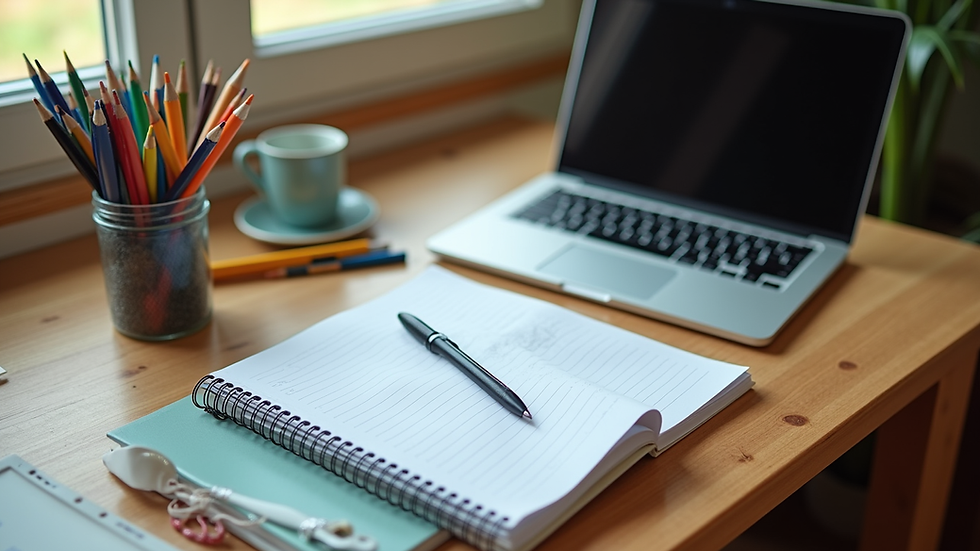 high angle view of a study desk with school supplies and a laptop