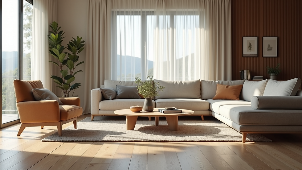 Eye-level view of a modern living room with stylish furniture and natural light