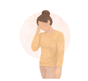 A woman in a yellow sweater holds her head in her hand, appearing stressed. The background is light with a circular pattern.