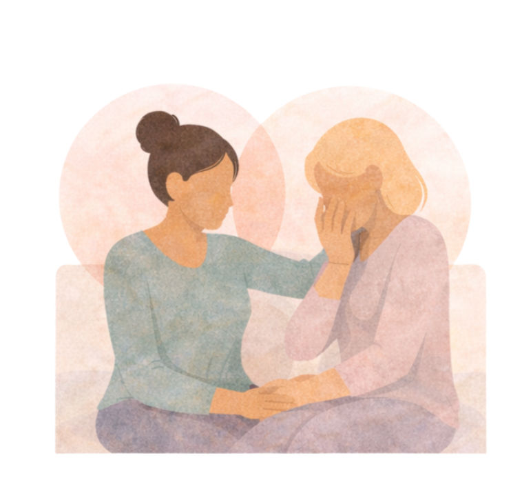 Two women sitting, one consoles the other who's crying. Soft pastel hues create a comforting atmosphere. No text visible.